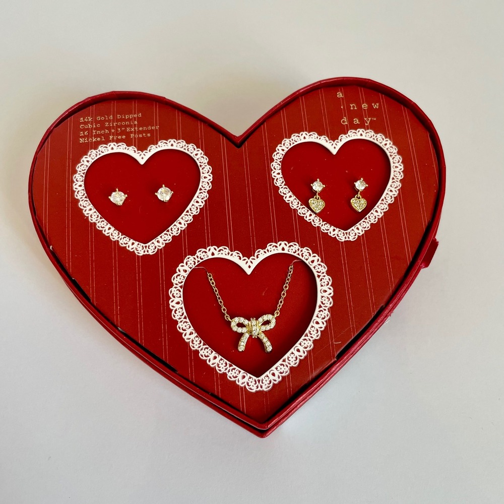 A New Day 14k Gold Dipped Cubic Zirconia Bow Necklace & Heart‎ Earring Set NEW